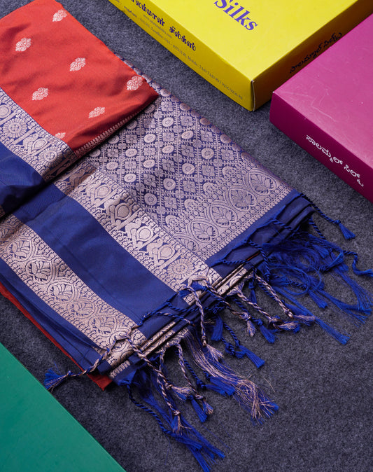 Beautiful Rust Orange Semi Soft Silk Saree With Contrast Navy Blue Traditional Rettapet Border