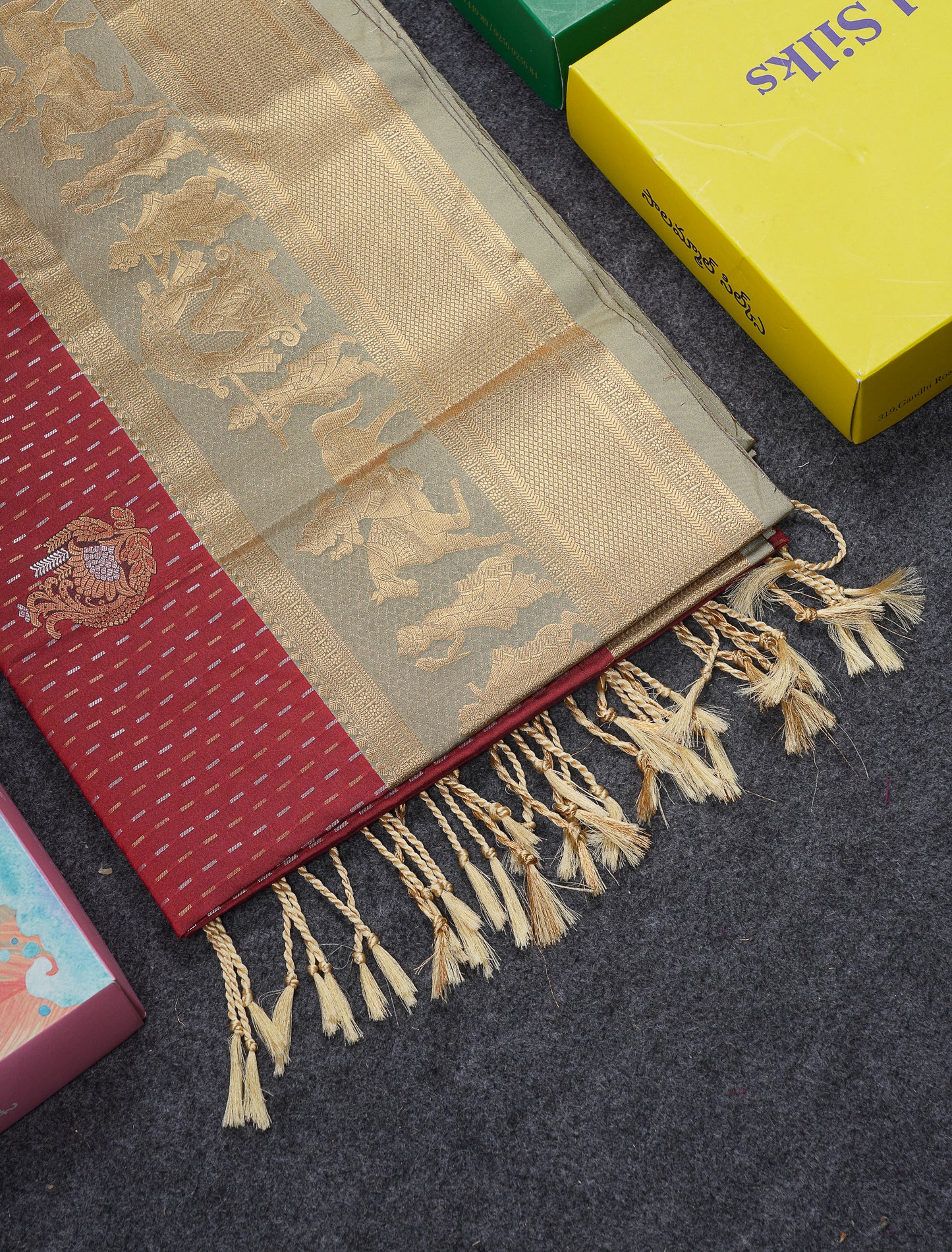 Beautiful Dark Violet Silver & Gold Zari Buttas Semi Silk Saree With Contrast Olive Green Traditional Pallaku Border