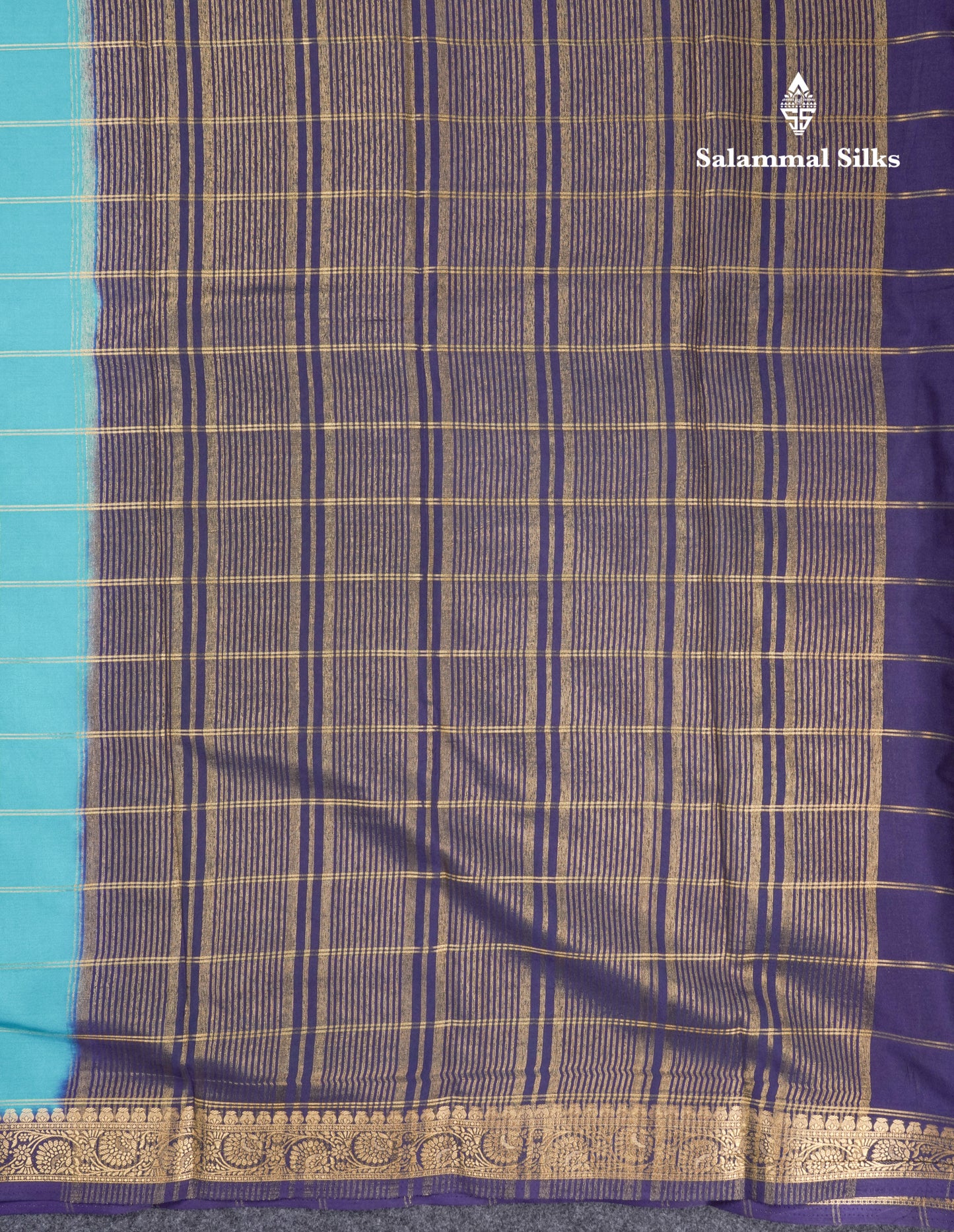 Sapphire Blue Semi Mysore Crepe Saree With Contrast Navy Blue Small Border