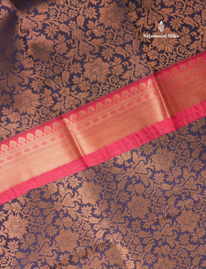 Dark Navy Blue Bridal Semi Silk Saree With Contrast Pink Border