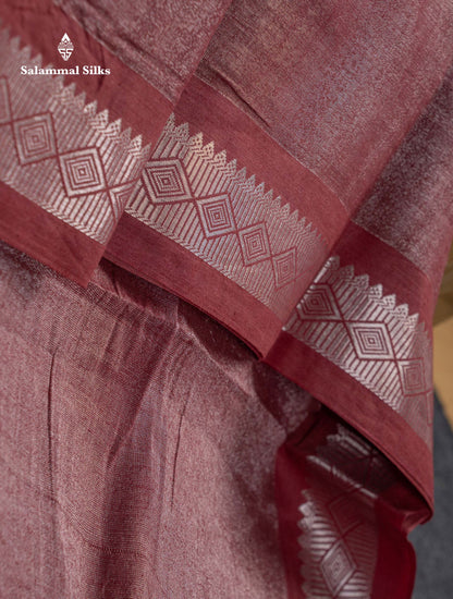 Stunning Maroon Tissue Sungudi Cotton Saree With Small Traditional Silver Zari Border