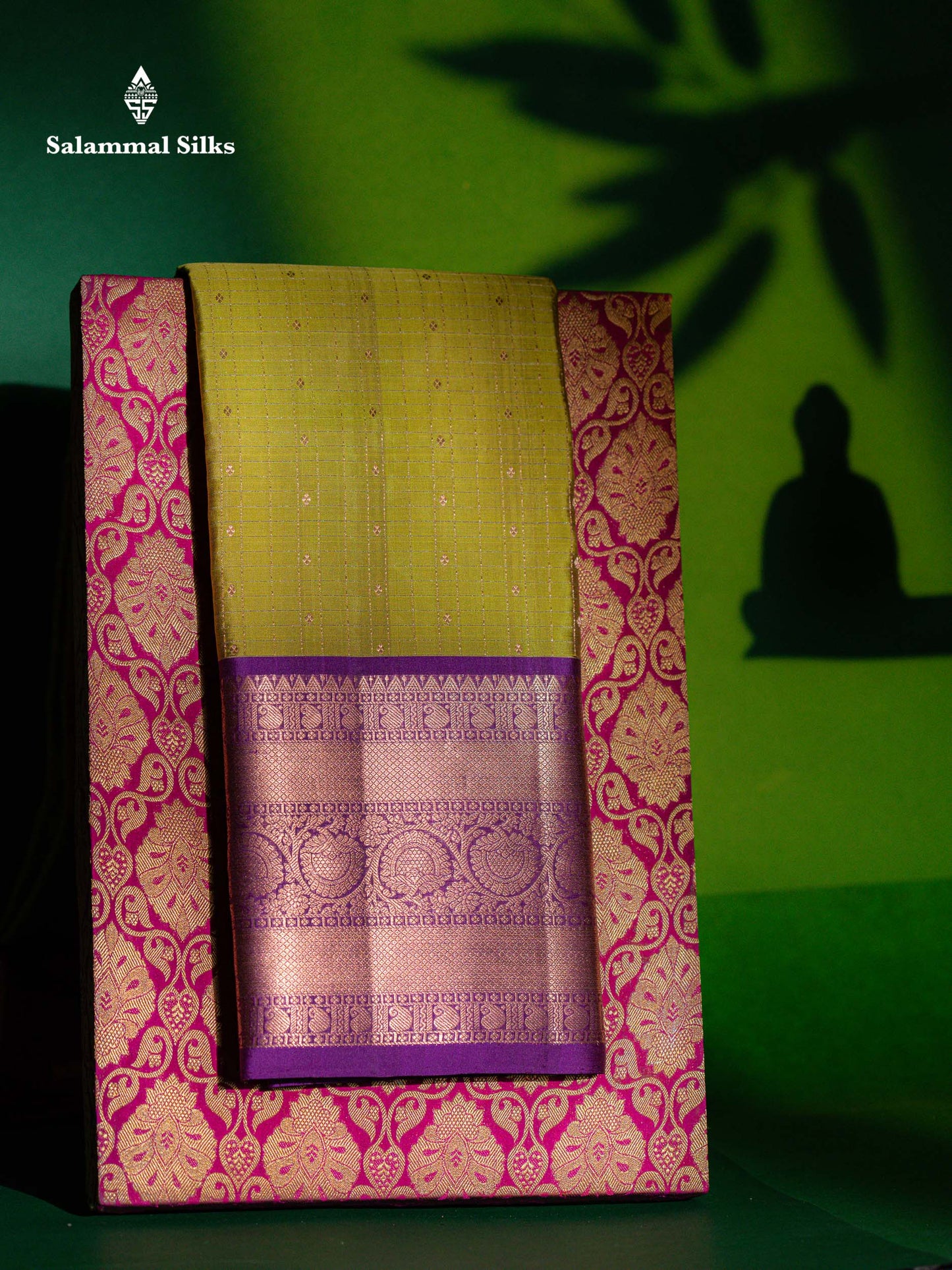 Beautiful Golden Yellow Zari Checks  With Small Butta Pure Kanjivaram Silk Saree With Contrast Magenta Traditional Evening Morning Border