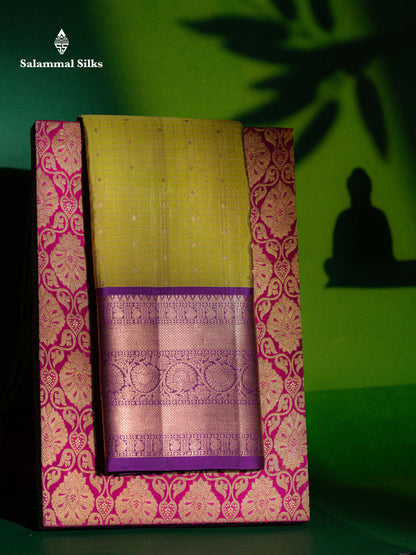 Beautiful Golden Yellow Zari Checks  With Small Butta Pure Kanjivaram Silk Saree With Contrast Magenta Traditional Evening Morning Border