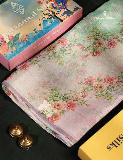 Beautiful Multicolour Floral Design Kota Cotton Mix Fancy Saree With Contrast Bottle Green Blouse