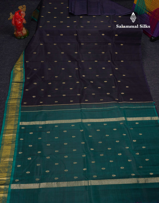 Beautiful Dark Navy Blue Pure Kanjivaram Silk Saree With Contrast Peacock Green Traditional One Side Border