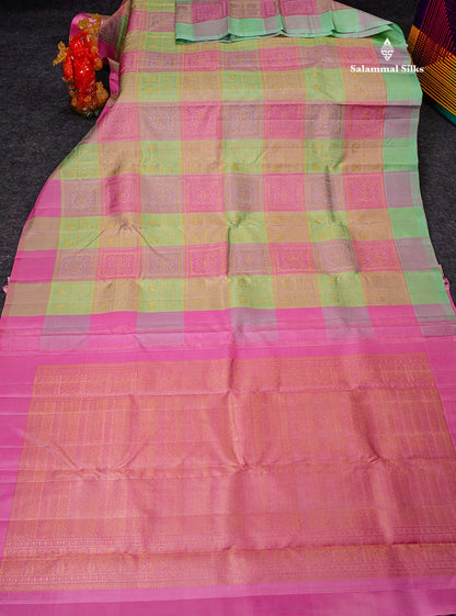 Pure Kanjivaram Silk Saree - Multicolour Big Checks With Traditional Buttas Along With Contrast Baby Pink Blouse