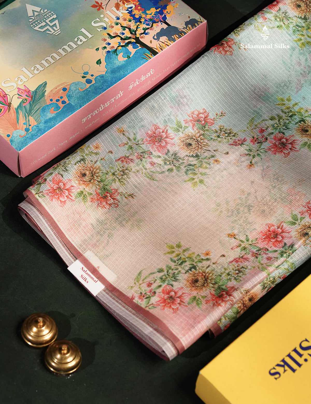 Beautiful Multicolour Floral Design Kota Cotton Mix Fancy Saree With Contrast Bottle Green Blouse