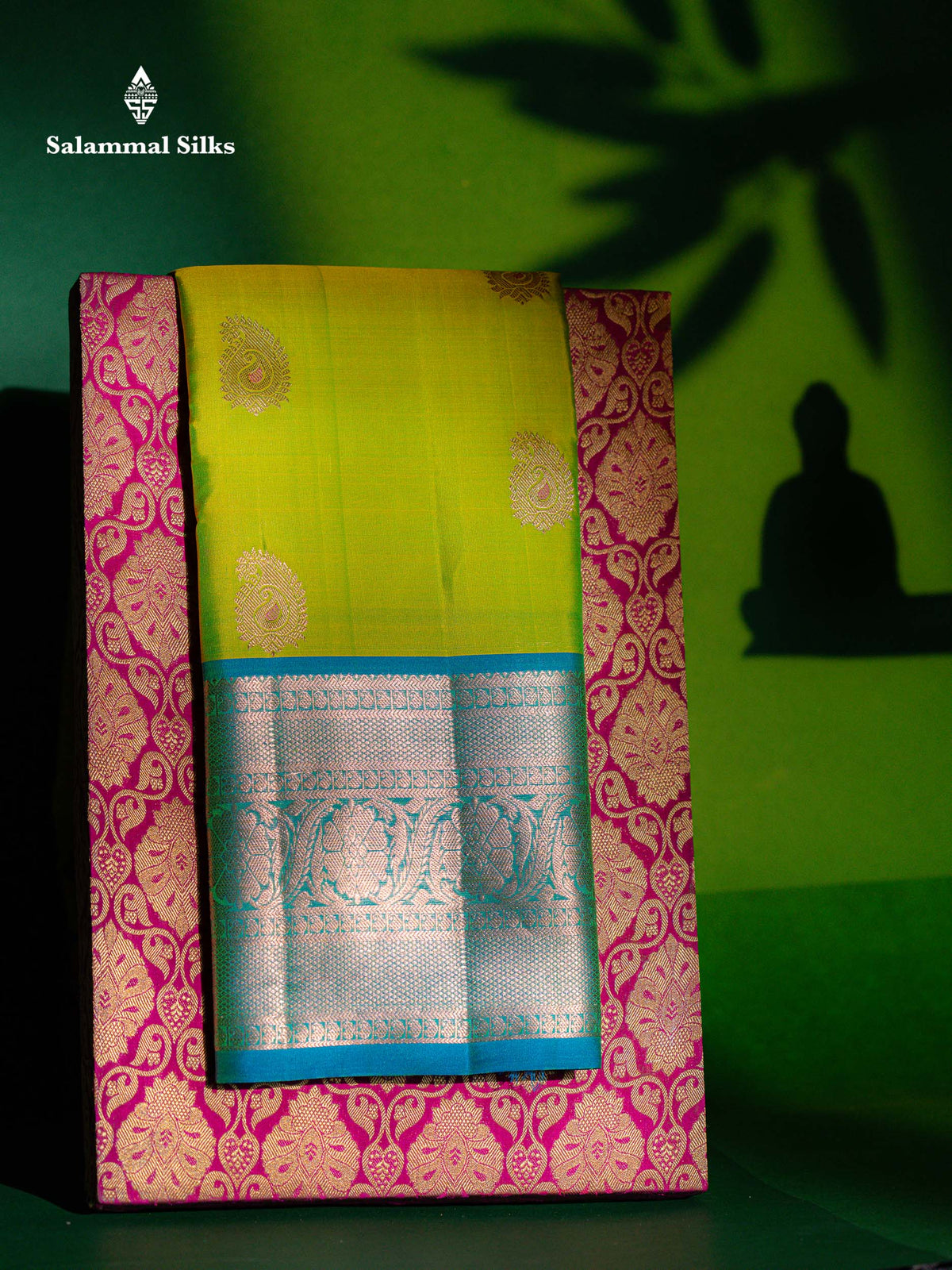 Beautiful Dual Tone Parrot Green Menakari Work Pure Kanjivaram Silk Saree With Contrast Sapphire Green Traditional Evening Morning Border