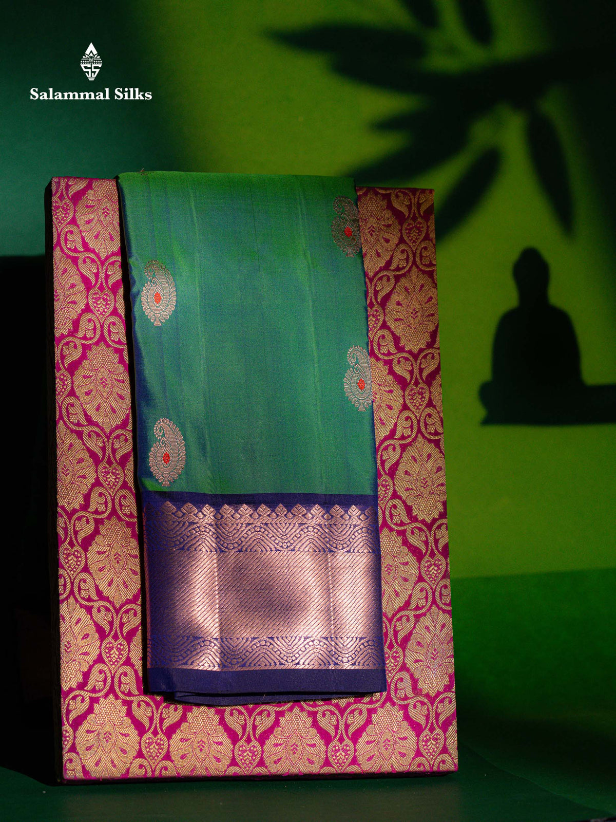 Beautiful Dual Tone Peacock Green Menakari Work Pure Kanjivaram Silk Saree With Contrast Navy Blue Traditional Border