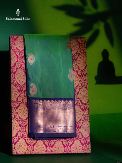 Beautiful Dual Tone Peacock Green Menakari Work Pure Kanjivaram Silk Saree With Contrast Navy Blue Traditional Border