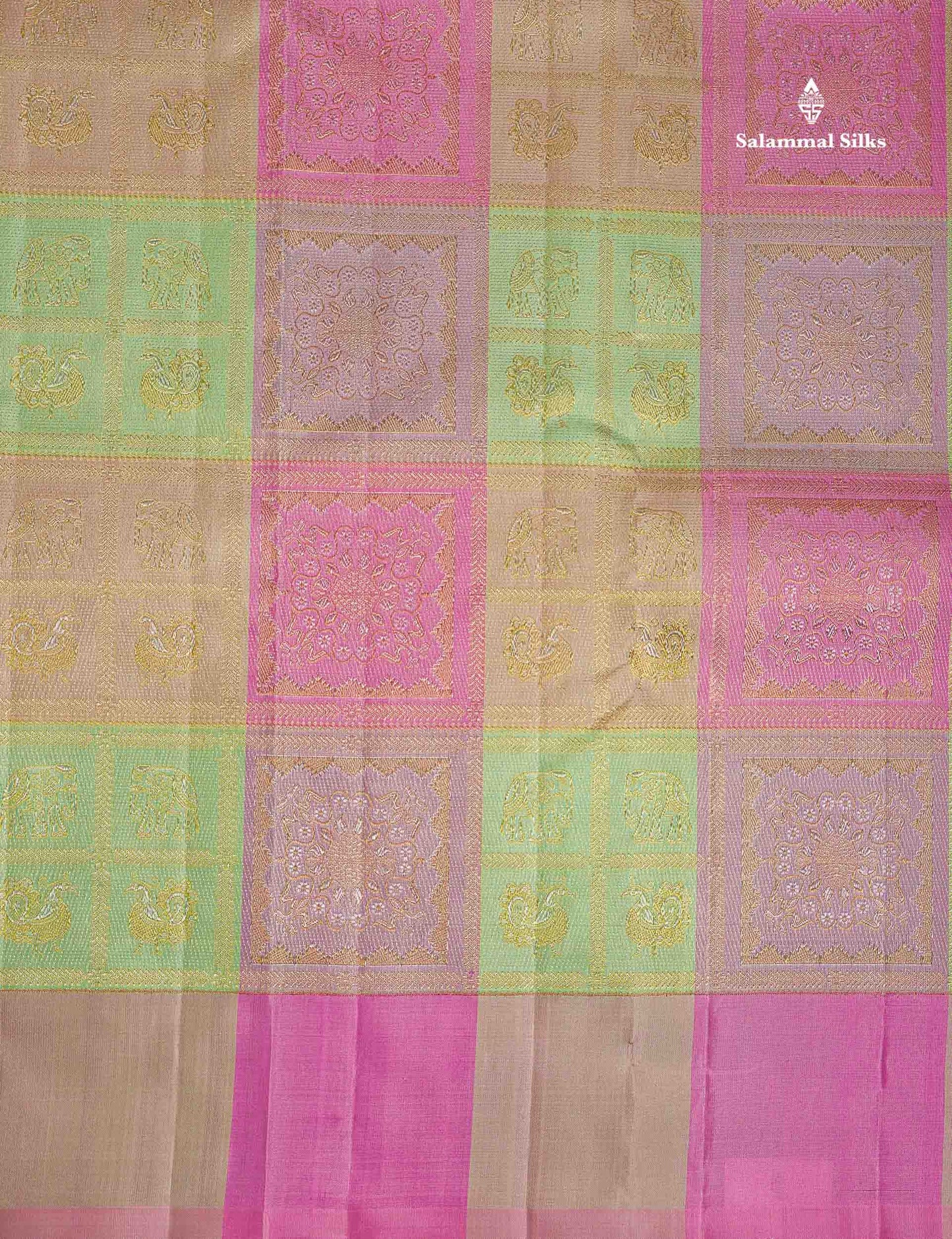 Pure Kanjivaram Silk Saree - Multicolour Big Checks With Traditional Buttas Along With Contrast Baby Pink Blouse