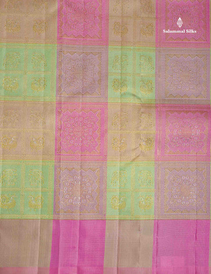 Pure Kanjivaram Silk Saree - Multicolour Big Checks With Traditional Buttas Along With Contrast Baby Pink Blouse