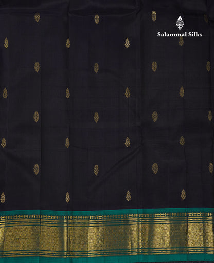 Beautiful Dark Navy Blue Pure Kanjivaram Silk Saree With Contrast Peacock Green Traditional One Side Border