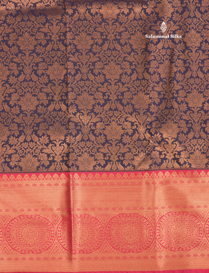 Dark Navy Blue Bridal Semi Silk Saree With Contrast Pink Border