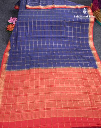 Sapphire Blue Semi Mysore Crepe Saree With Contrast Navy Blue Small Border