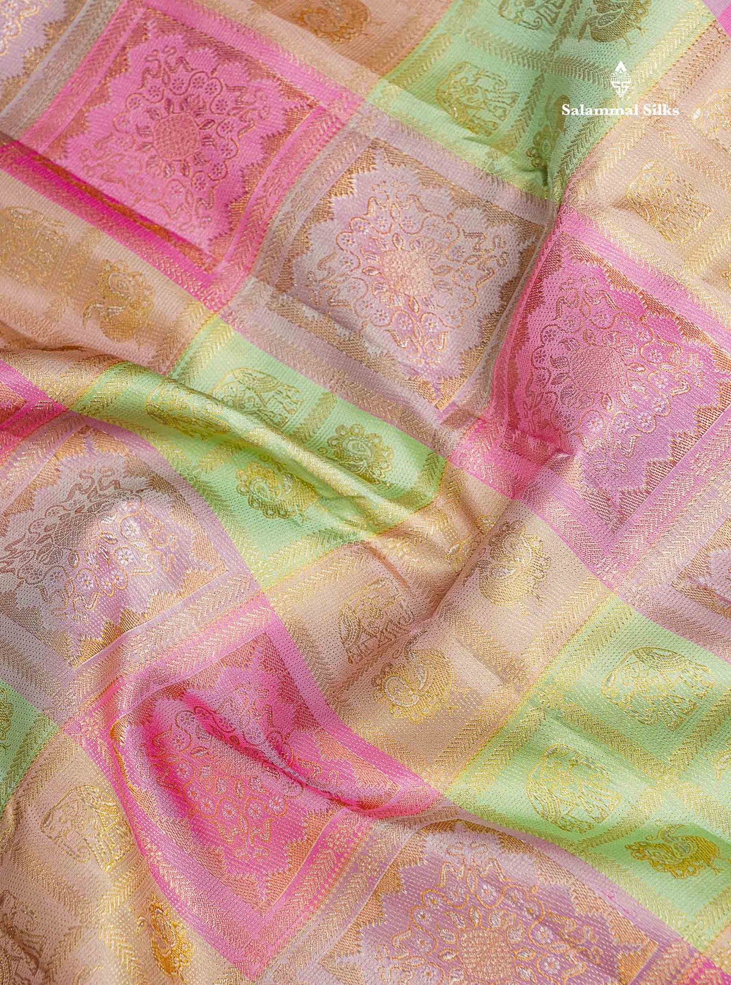 Pure Kanjivaram Silk Saree - Multicolour Big Checks With Traditional Buttas Along With Contrast Baby Pink Blouse
