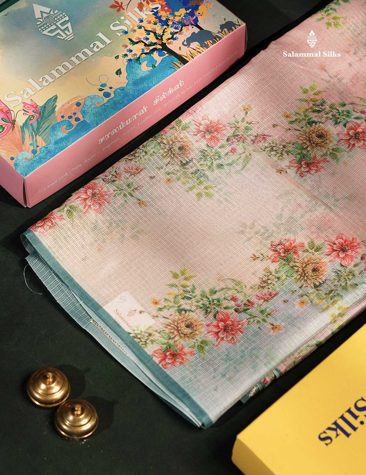 Beautiful Multicolour Floral Design Kota Cotton Mix Fancy Saree With Contrast Bottle Green Blouse
