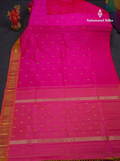 Beautiful Pink Pure Kanjivaram Silk Saree With Contrast Mustard Yellow Traditional One Side Border