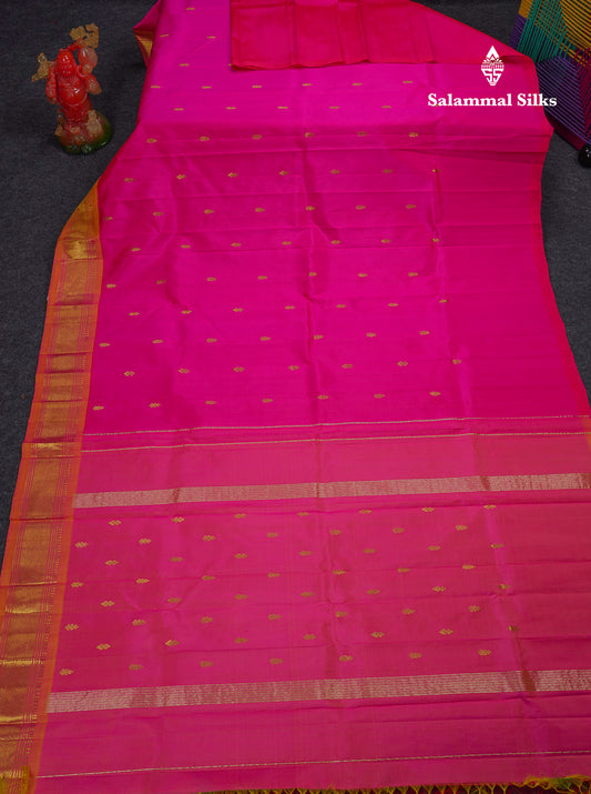 Beautiful Pink Pure Kanjivaram Silk Saree With Contrast Mustard Yellow Traditional One Side Border