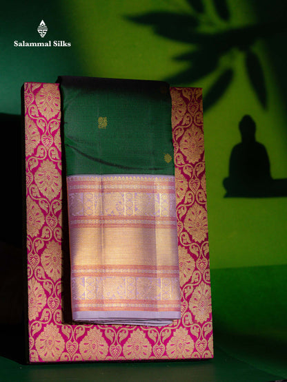 Korvai Beautiful Bottle Green Pure Kanjivaram Silk Saree With Contrast Baby Pink Traditional Evening Morning Border