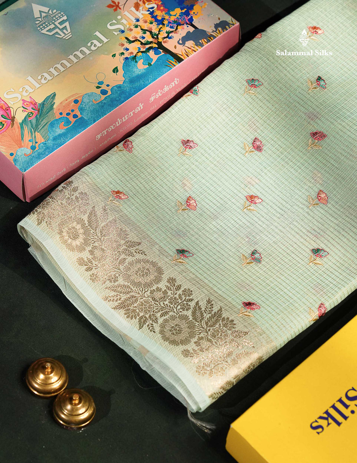 Beautiful Cream Green Embroidery Floral Design Kota Cotton  Mix Saree With Fancy Border