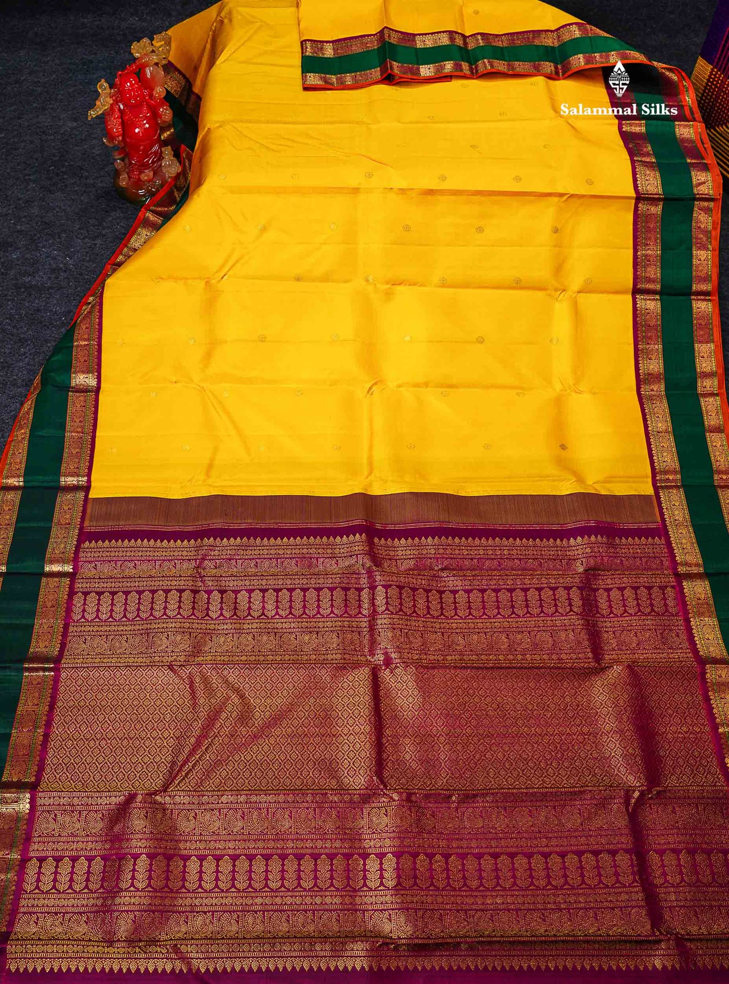 Korvai Pure Kanjivaram Silk Saree - Mustard Yellow Zari Butta Along With Contrast Magenta Traditional Rettapet Border