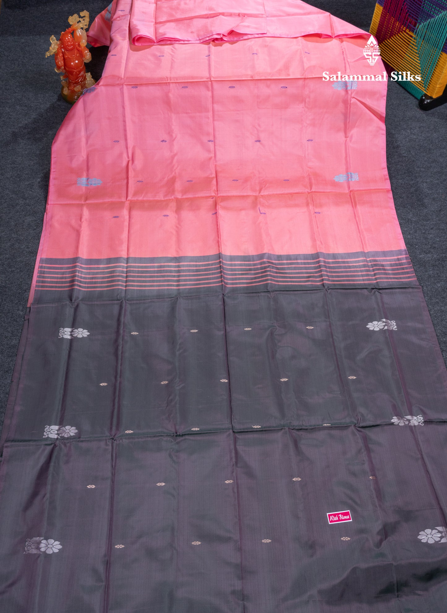 Peach Pink Banana Pinth Saree (Vaazhainaar Pattu) With Contrast Dual Tone Dark Violet Blouse