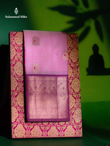 Beautiful Light Pink Menakari Work Pure Kanjivaram Silk Saree With Contrast Magenta Traditional Evening Morning Border