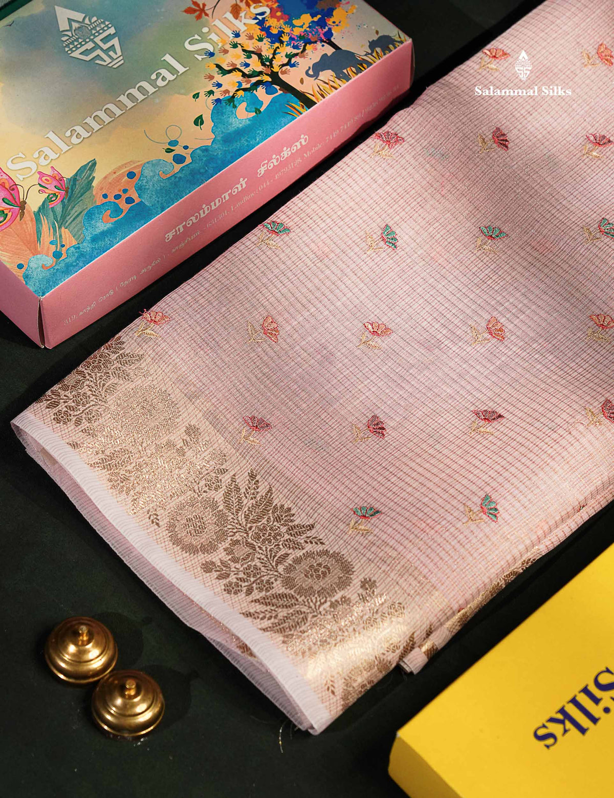 Beautiful Cream Green Embroidery Floral Design Kota Cotton  Mix Saree With Fancy Border