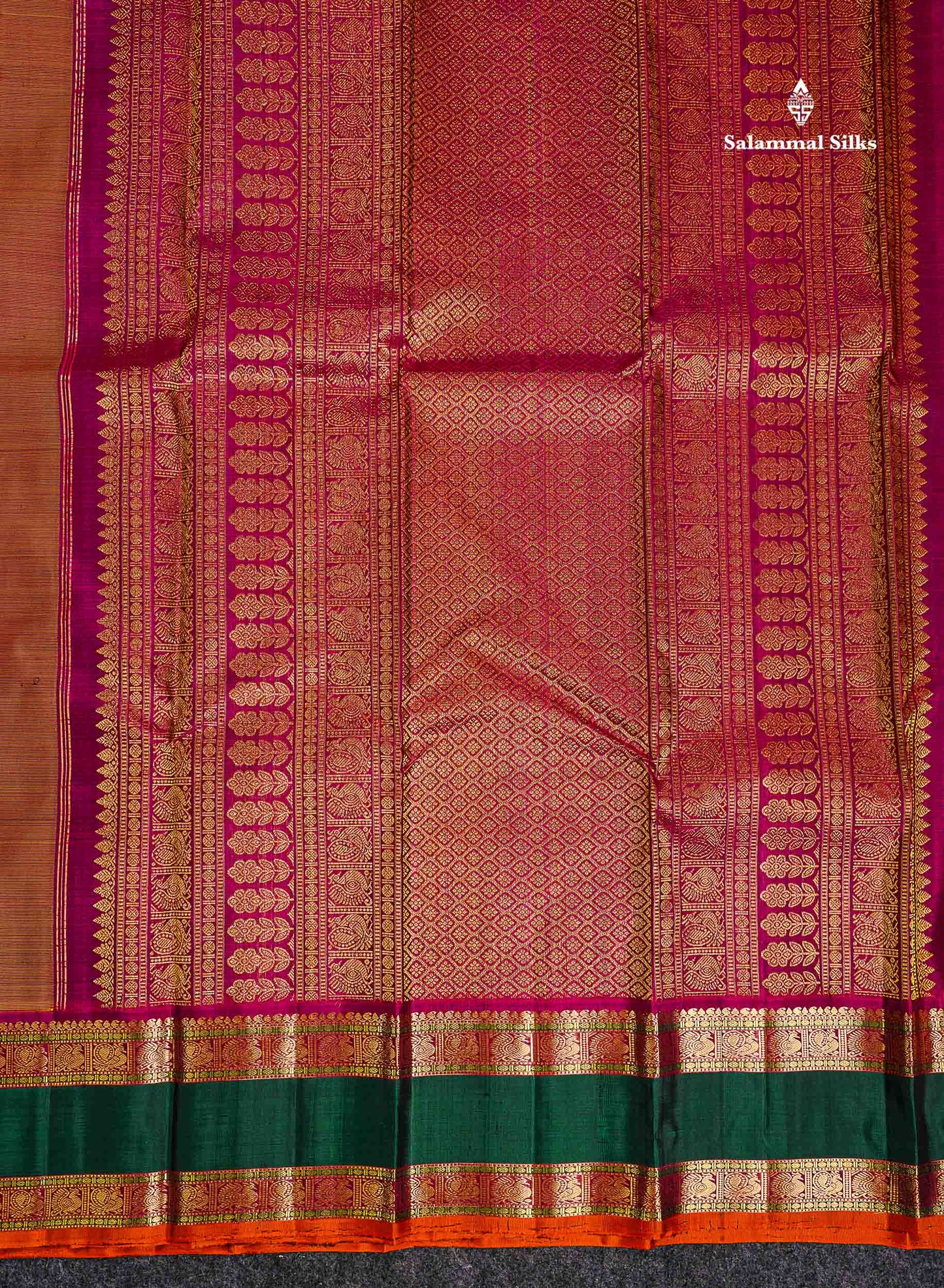 Korvai Pure Kanjivaram Silk Saree - Mustard Yellow Zari Butta Along With Contrast Magenta Traditional Rettapet Border