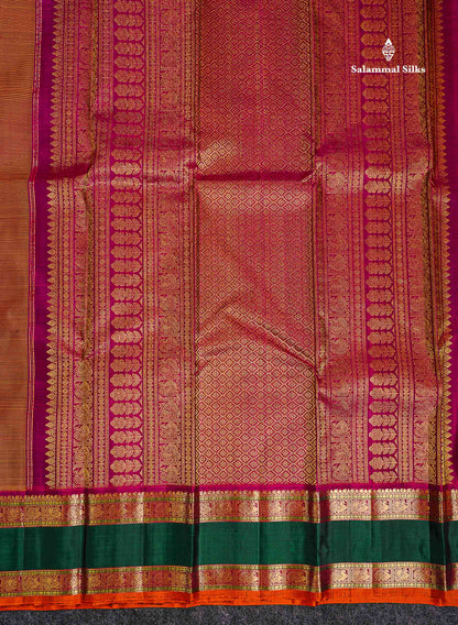 Korvai Pure Kanjivaram Silk Saree - Mustard Yellow Zari Butta Along With Contrast Magenta Traditional Rettapet Border