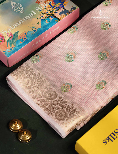 Beautiful Light Lavender Embroidery Floral Design Kota Cotton  Mix Saree With Fancy Border