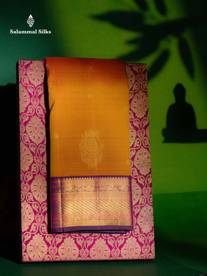 Korvai Beautiful Mango Yellow Pure Kanjivaram Silk Saree With Contrast Dark Purple Traditional Border