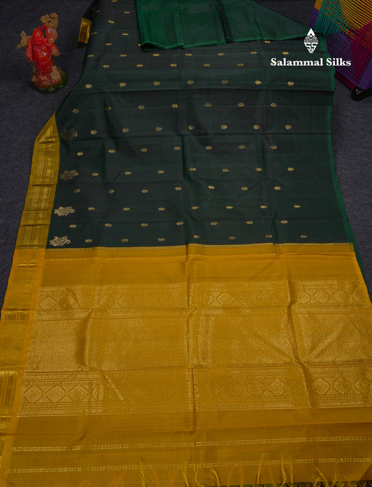 Beautiful Bottle Green Pure Kanjivaram Silk Saree With Contrast Manthulir Yellow Traditional One Side Border