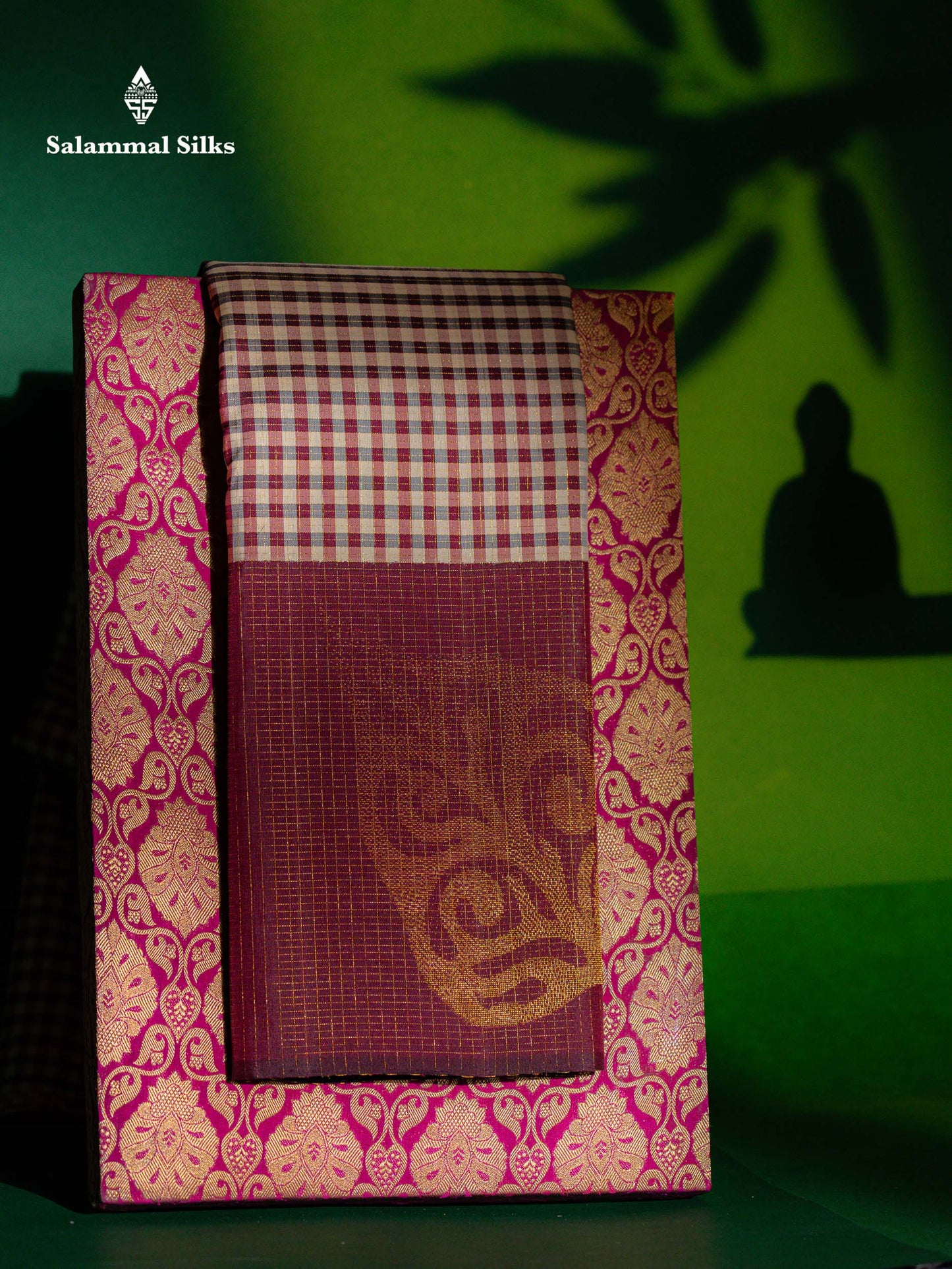 Beautiful Multicolour Small Vaira Oosi Checks Pure Kanjivaram Silk Saree With Contrast Dark Maroon One Side Long Border
