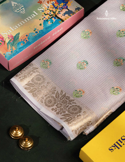 Beautiful Light Lavender Embroidery Floral Design Kota Cotton  Mix Saree With Fancy Border