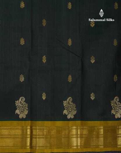 Beautiful Bottle Green Pure Kanjivaram Silk Saree With Contrast Manthulir Yellow Traditional One Side Border
