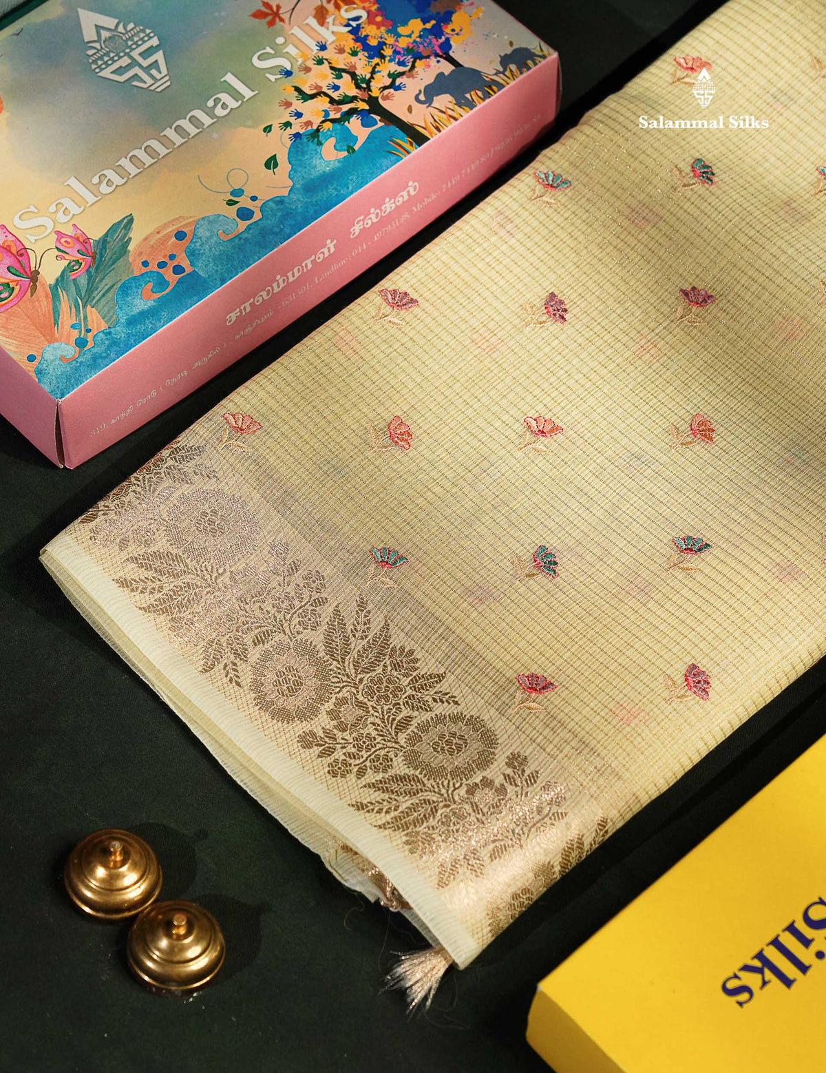 Beautiful Cream Green Embroidery Floral Design Kota Cotton  Mix Saree With Fancy Border