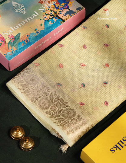 Beautiful Cream Green Embroidery Floral Design Kota Cotton  Mix Saree With Fancy Border