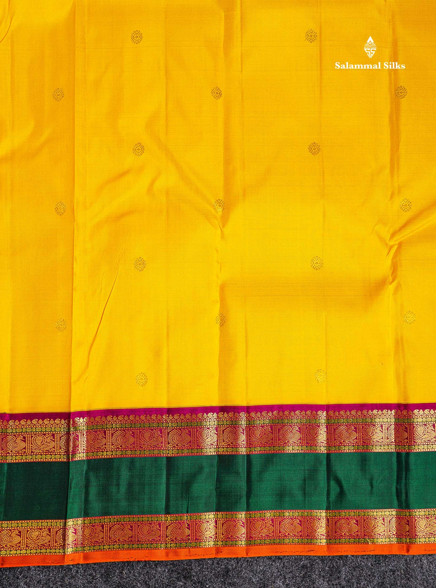 Korvai Pure Kanjivaram Silk Saree - Mustard Yellow Zari Butta Along With Contrast Magenta Traditional Rettapet Border