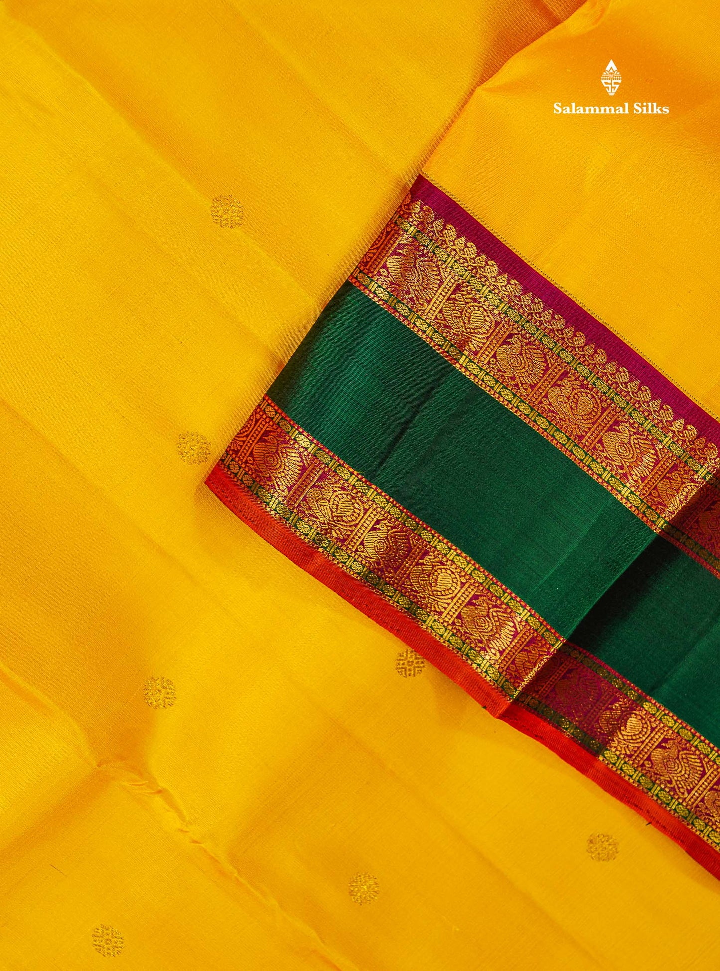 Korvai Pure Kanjivaram Silk Saree - Mustard Yellow Zari Butta Along With Contrast Magenta Traditional Rettapet Border