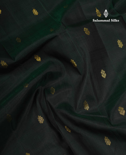 Beautiful Bottle Green Pure Kanjivaram Silk Saree With Contrast Manthulir Yellow Traditional One Side Border