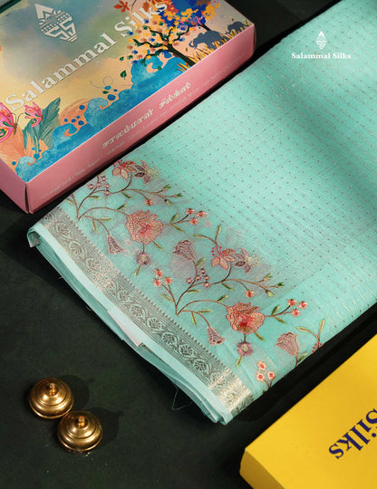 Beautiful Light Pink Zari Lines Cotton Mix Fancy Saree With Embroidery Floral Design & Small Zari Border