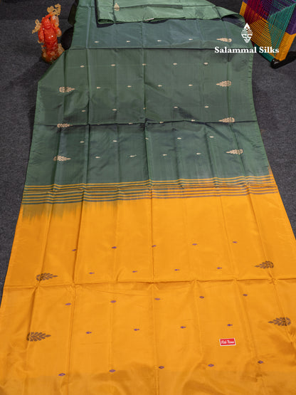 Bottle Green Banana Pinth Saree (Vaazhainaar Pattu) With Contrast Mango Yellow Blouse