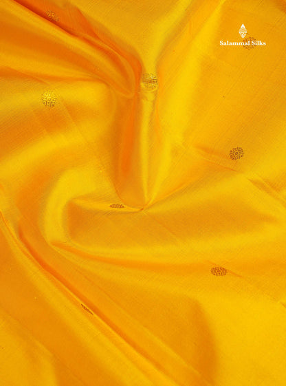 Korvai Pure Kanjivaram Silk Saree - Mustard Yellow Zari Butta Along With Contrast Magenta Traditional Rettapet Border