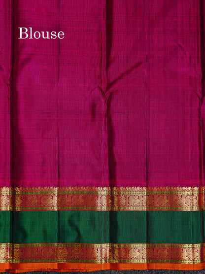 Korvai Pure Kanjivaram Silk Saree - Mustard Yellow Zari Butta Along With Contrast Magenta Traditional Rettapet Border