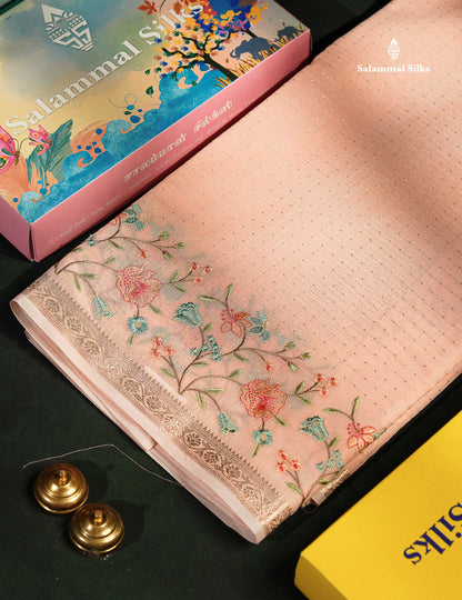 Beautiful Light Pink Zari Lines Cotton Mix Fancy Saree With Embroidery Floral Design & Small Zari Border