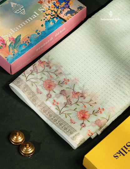 Beautiful Light Pink Zari Lines Cotton Mix Fancy Saree With Embroidery Floral Design & Small Zari Border