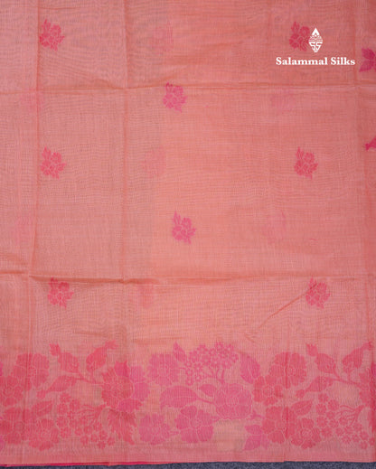 Beautiful Dark Peach Muga Cotton Saree With Contrast Maroon Blouse