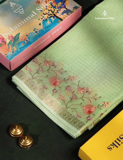 Beautiful Light Pink Zari Lines Cotton Mix Fancy Saree With Embroidery Floral Design & Small Zari Border